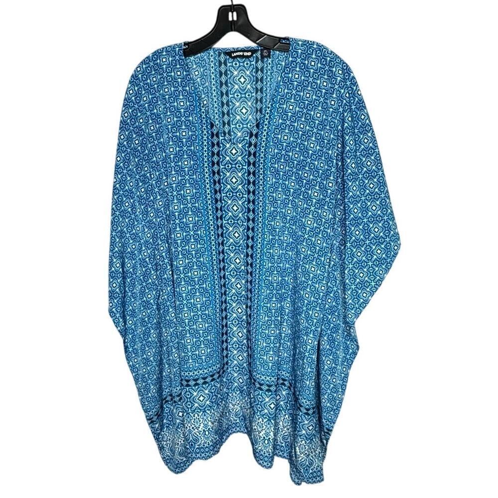 Lands End Blue Breezy Geometric Print Swim Coverup Kaftan Kimono Size Medium